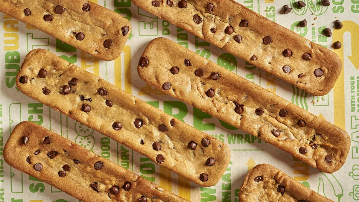 A promotional image of Subway's footlong chocolate chip cookies.