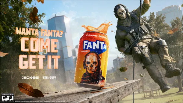 Call of Duty character Ghost drops into a combat zone to secure a Fanta can.