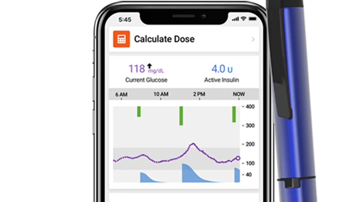 A phone app shows a chart  with current glucose levels, next to a pen-shaped device.