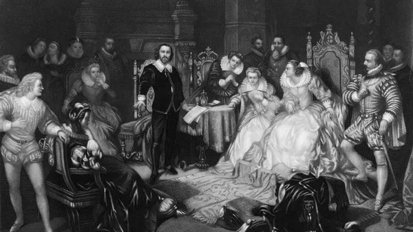 An engraving depicts William Shakespeare reciting a work before the court of Elizabeth I.