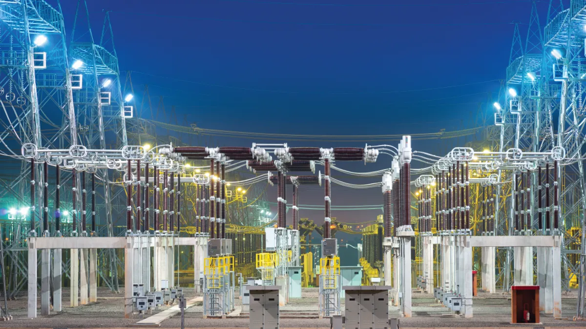 View of an electric substation at night