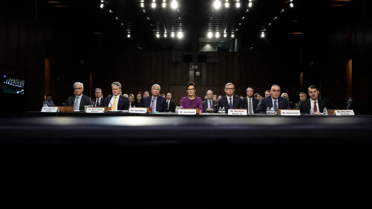 Bank CEOs sit in front of the Senate Banking Committee.