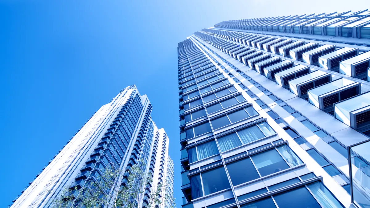 A high rise apartment from the ground floor