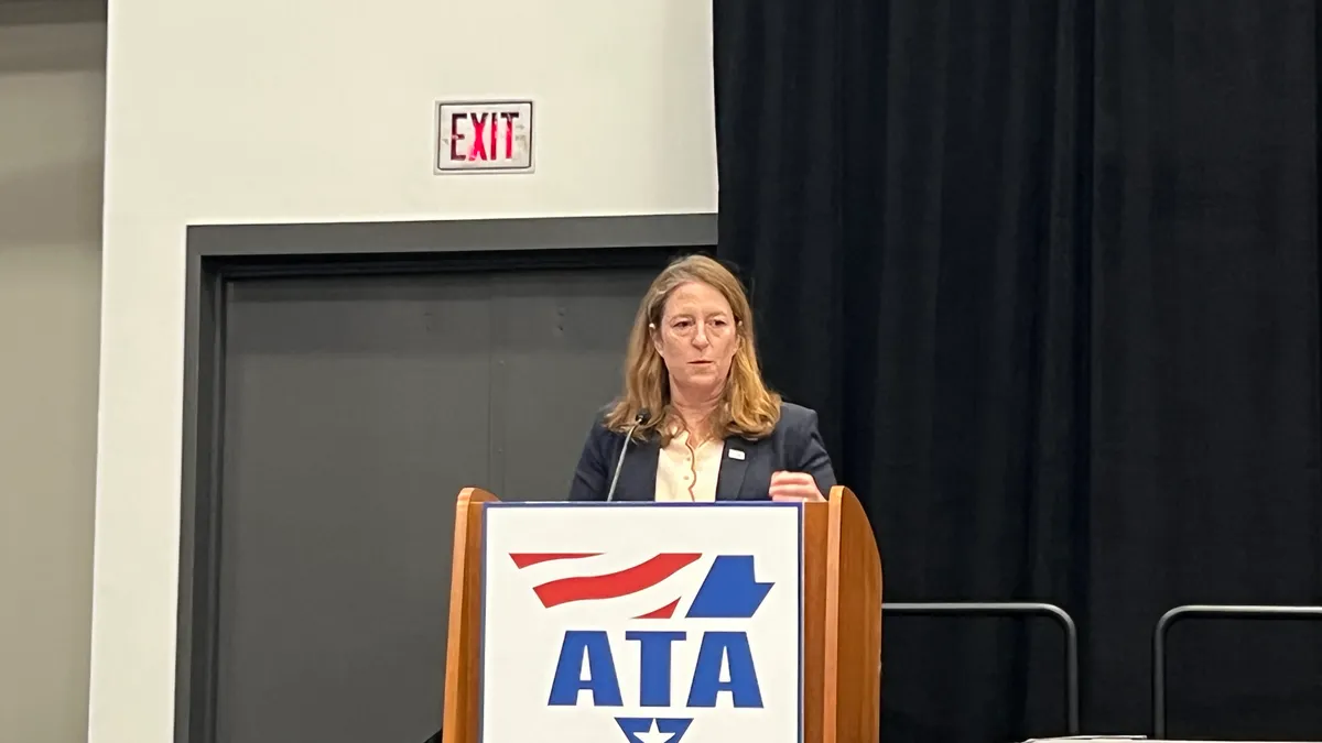 FMCSA chief Robin Hutcheson delivers remarks during an address at ATA MCE 2022 in San Diego.