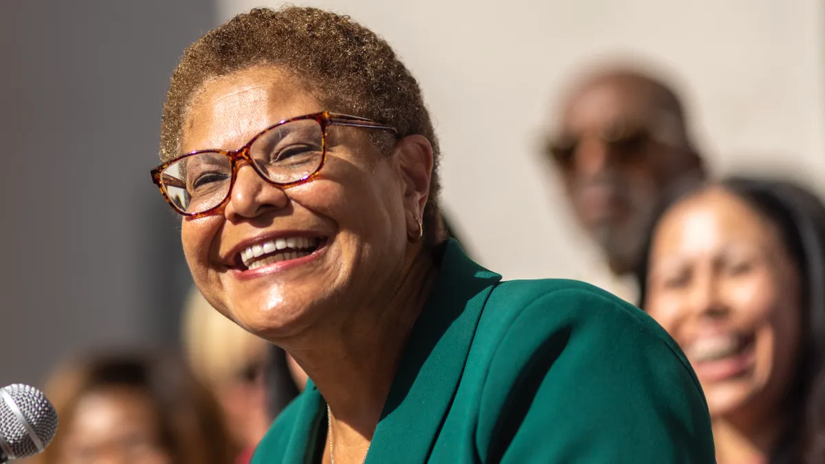 Los Angeles Mayor-elect Karen Bass addresses a news conference after her L.A. mayoral election win on November 17, 2022 in Los Angeles, California.