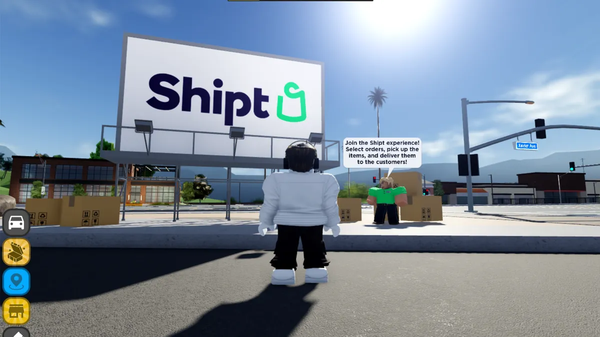 Digital illustration of a Roblox character standing in front of a Shipt billboard.