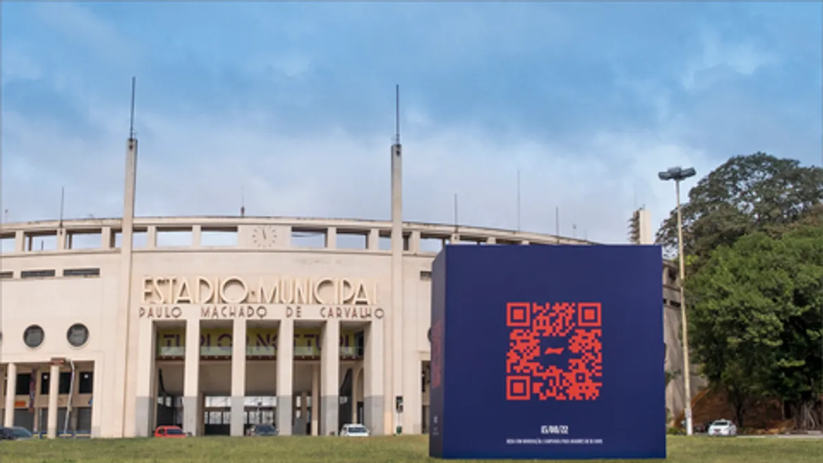 A QR code appears outside Pacaembu Stadium in Brazil as part of a Budweiser campaign.