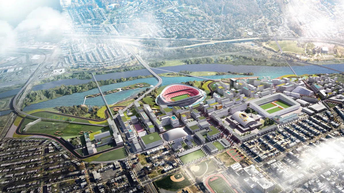 Rendering of stadium surrounded by city.