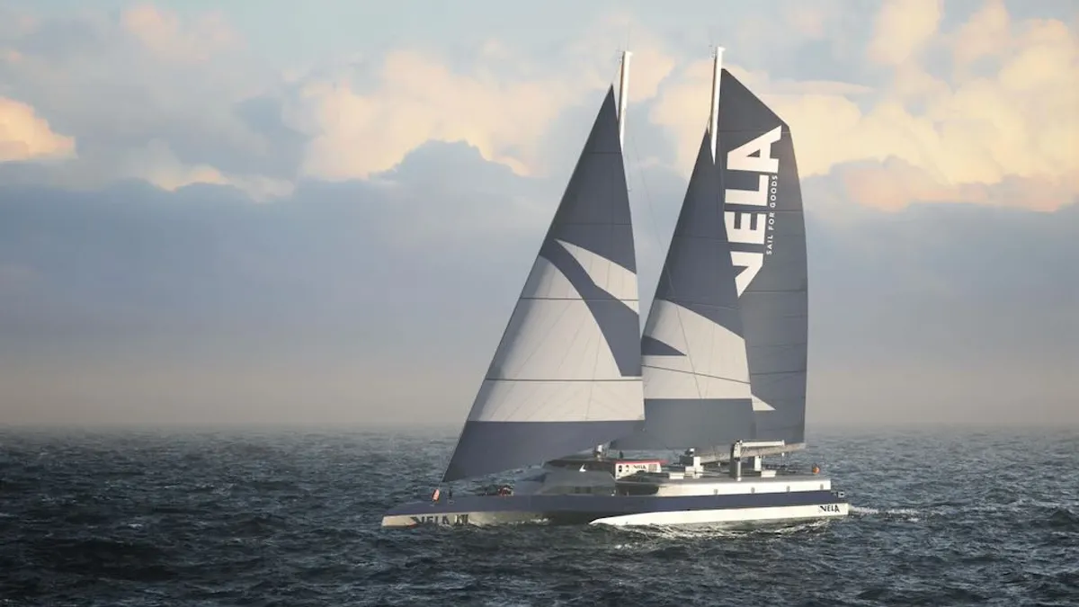 A visualization of a Vela trimaran sailboat on the open ocean