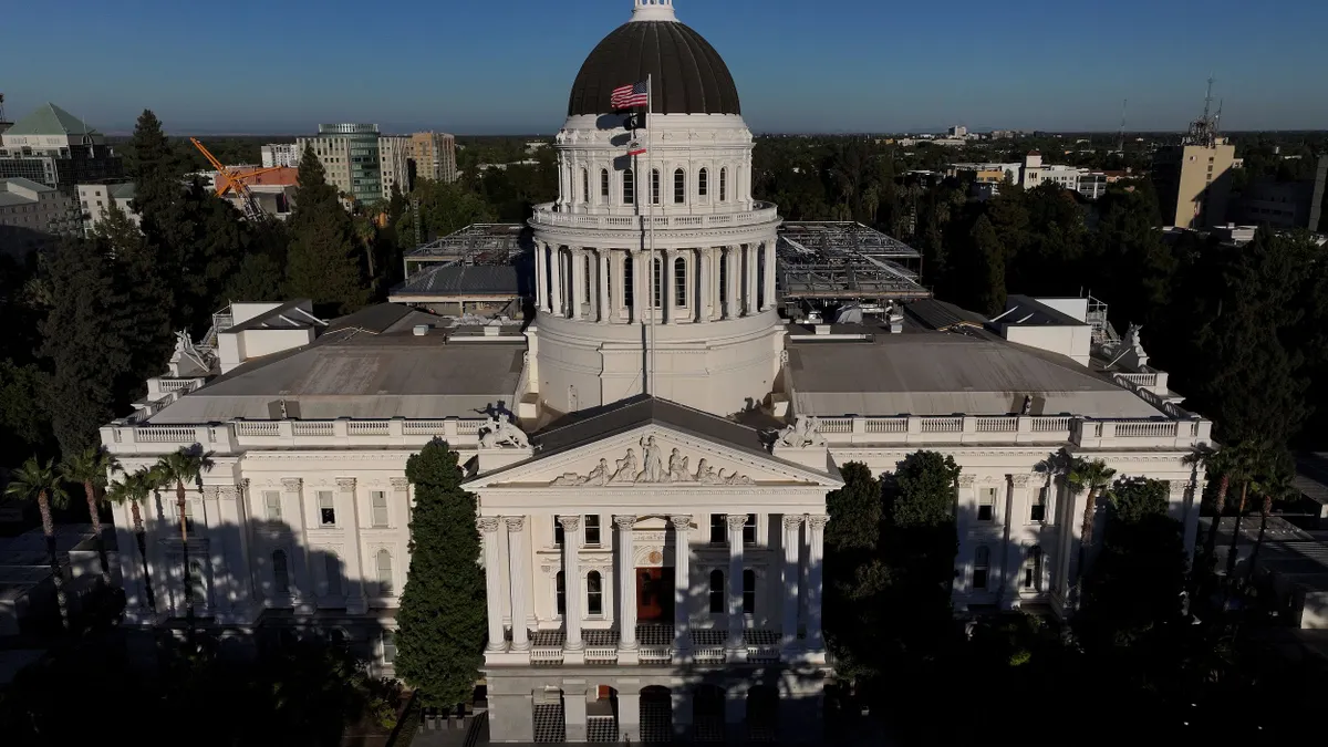 An arial view of the California capitol building.