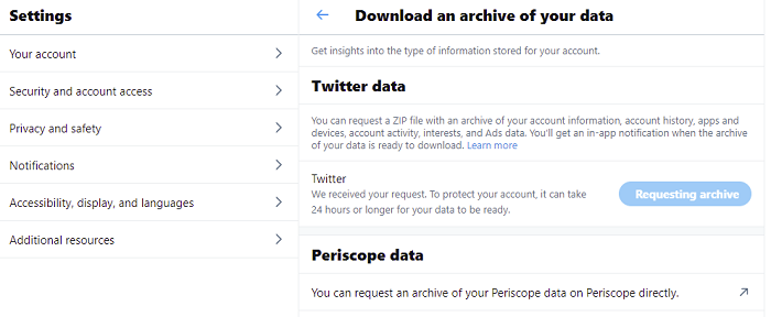 Twitter data archive request