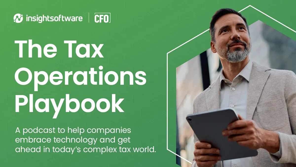 This image shows a cover graphic for insightsoftware's CFO.com series, "The Tax Operations Playbook"