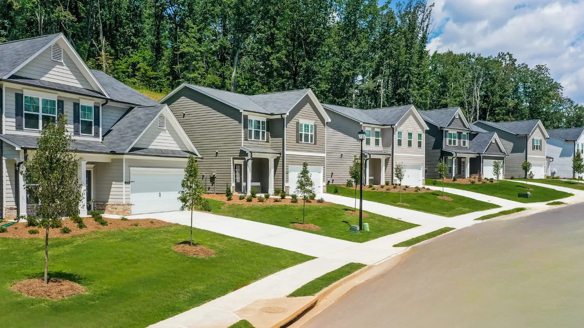 New single-family homes along a street with trees in the background.