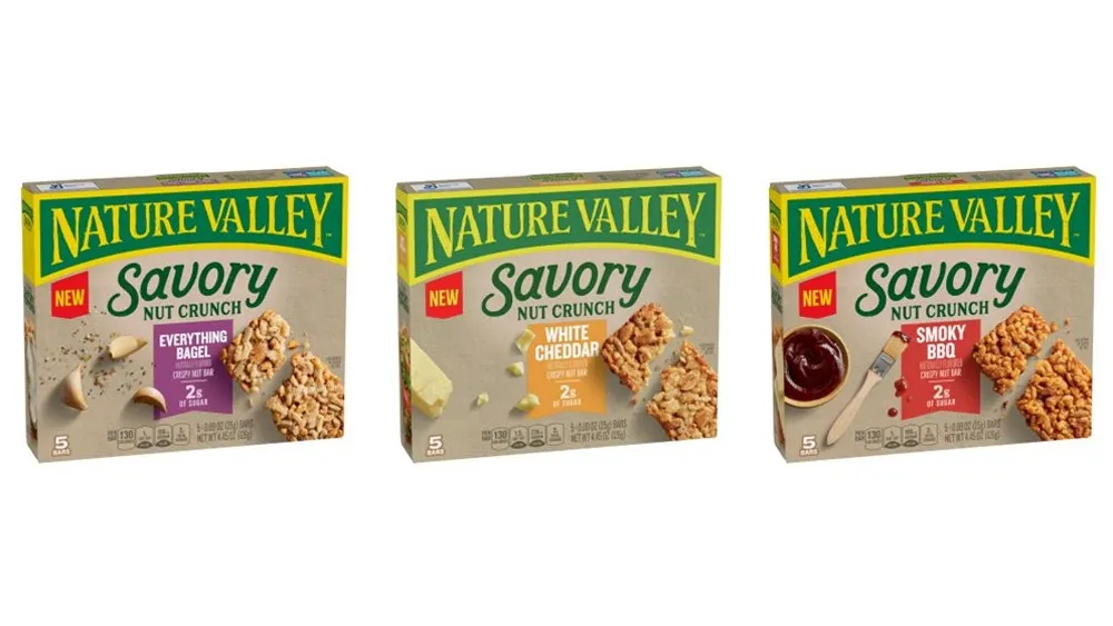 Three boxes of Nature Valley Savory Nut Crunch Bars on a white background