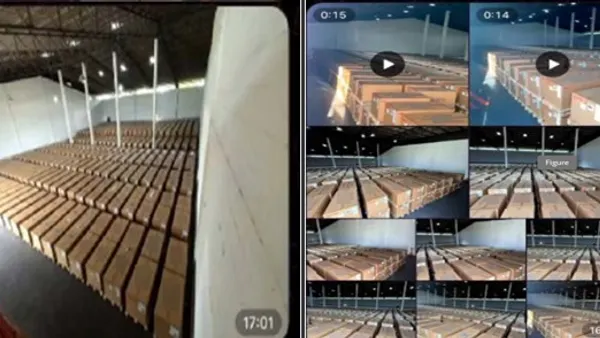 Images of "dummy servers" stacked at a warehouse