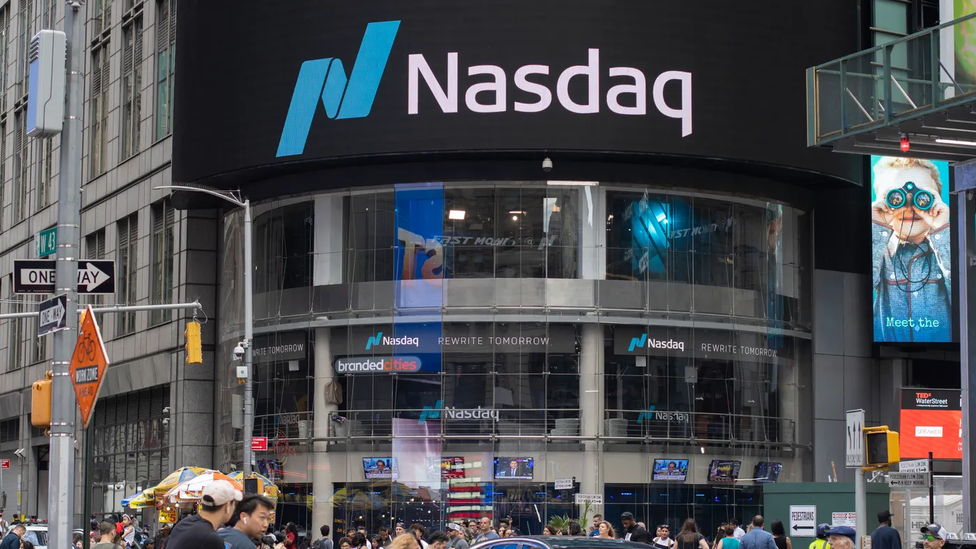 Front view of the NASDAQ MarketSite, which occupies the northwest corner at the base of the 4 Times Square building, in Midtown Manhattan, New York City.