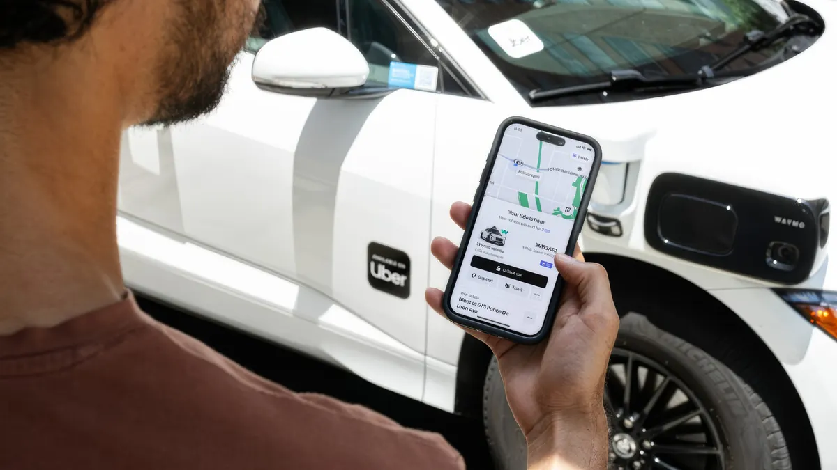 Back view of a man holding a smartphone  in front of a white Waymo vehicle with an Uber sign on the front door.