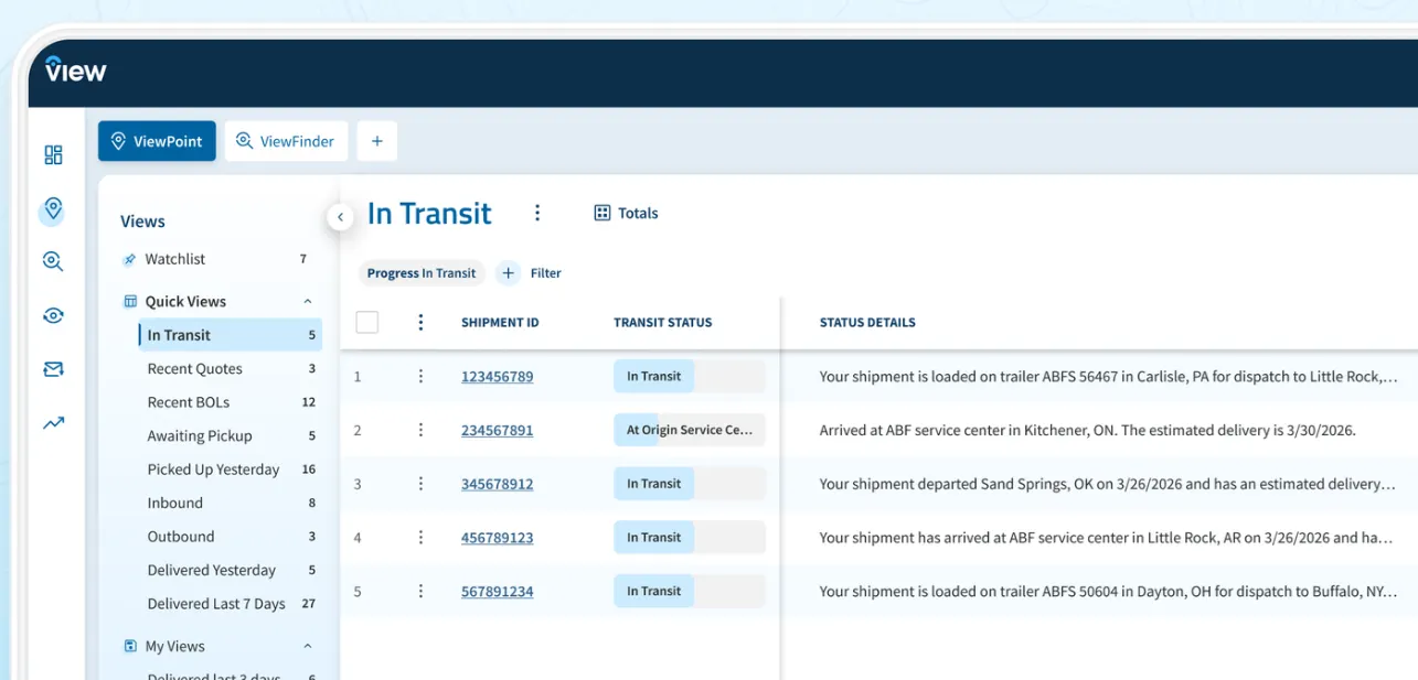A sample image of the online ArcBest View shipper tool to book and manage freight shipments.