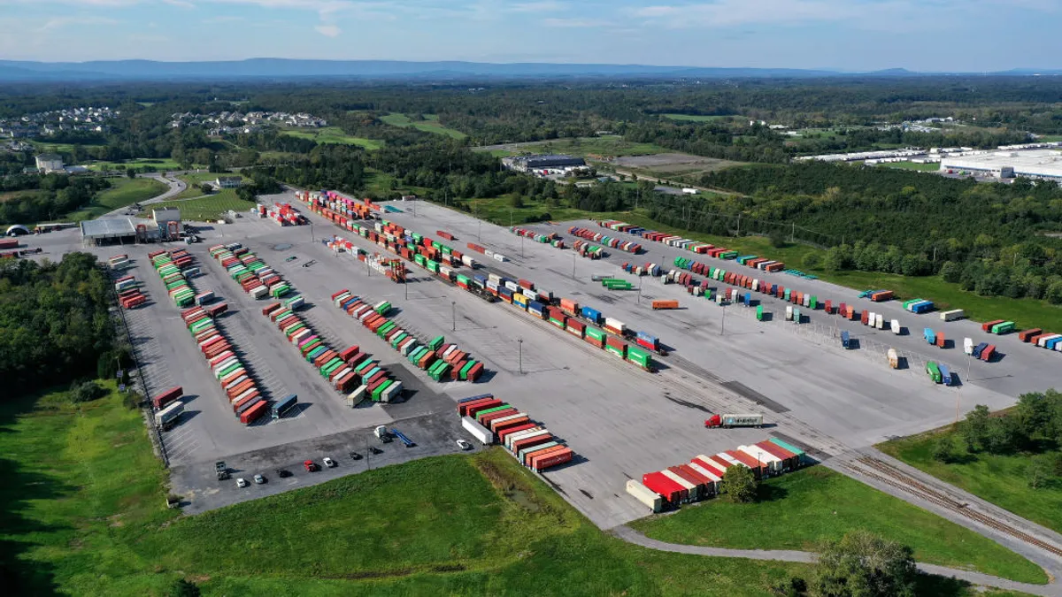 In an aerial view of containers sitting idle at an inland port.