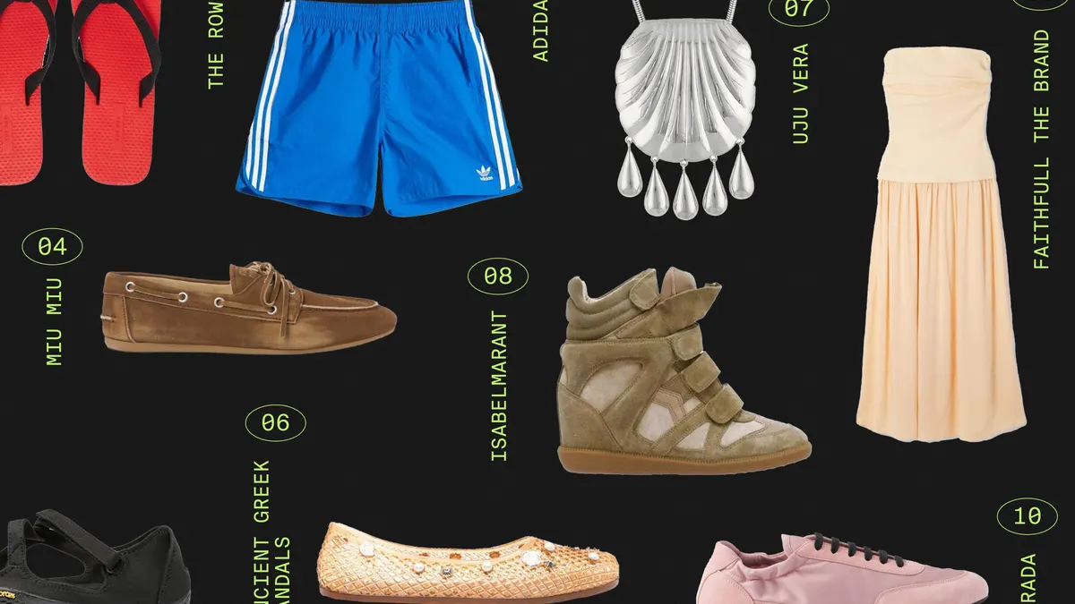 A selection of products is shown on a flat background, including several shoes, a necklace, athletic wear and a dress.