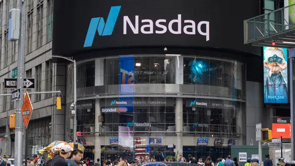 Front view of the NASDAQ MarketSite, which occupies the northwest corner at the base of the 4 Times Square building, in Midtown Manhattan, New York City.