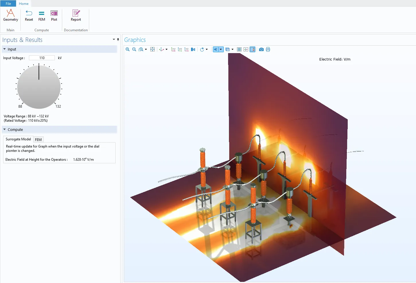 The user interface of a simulation app for testing different high-voltage switchgear designs based on input voltage.