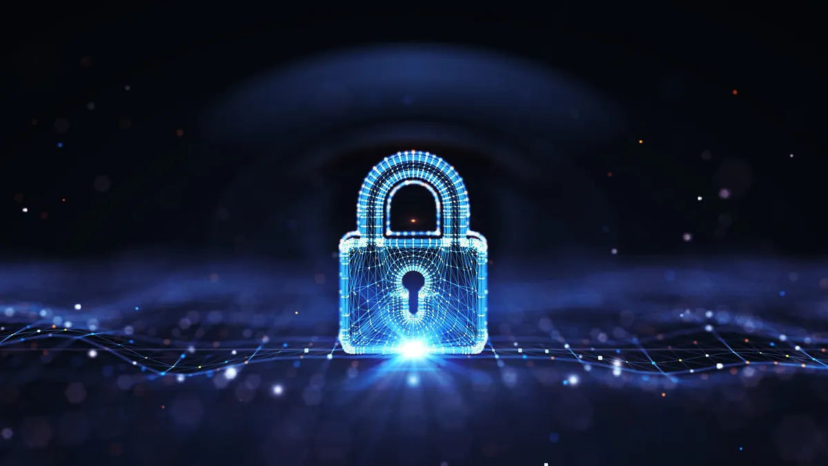 A translucent padlock set over a blue digital surface