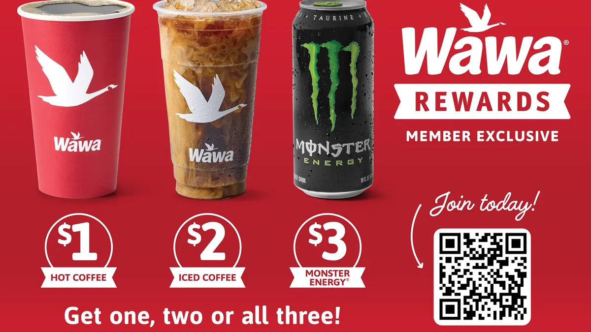 A promotional image showing three drinks against a red background. There is a cup of coffee over the words "$1 hot coffee," an iced coffee over the words "$2 iced coffee" and a can of Monster Energy over the words "$3 monster Energy." Text to the right says "Wawa Rewards member exclusive" and "join today" over a QR code while text along the bottom sayd "Get one, two or all three."