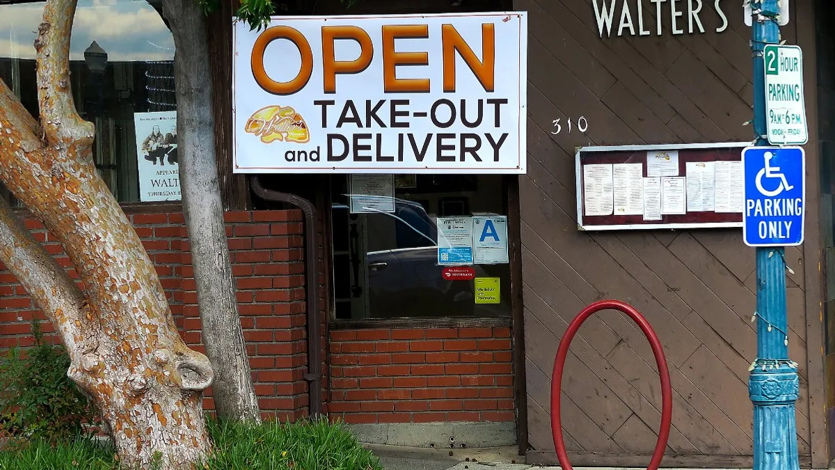 A restaurant in Southern California offers takeout and delivery only during the novel coronavirus pandemic in 2020.