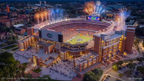 An architectural rendering shows an aerial view of a football stadium with fireworks going off.
