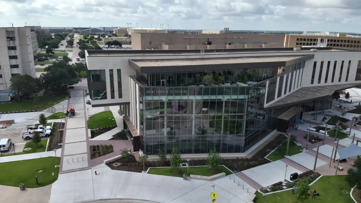 An aerial view of a modern building.