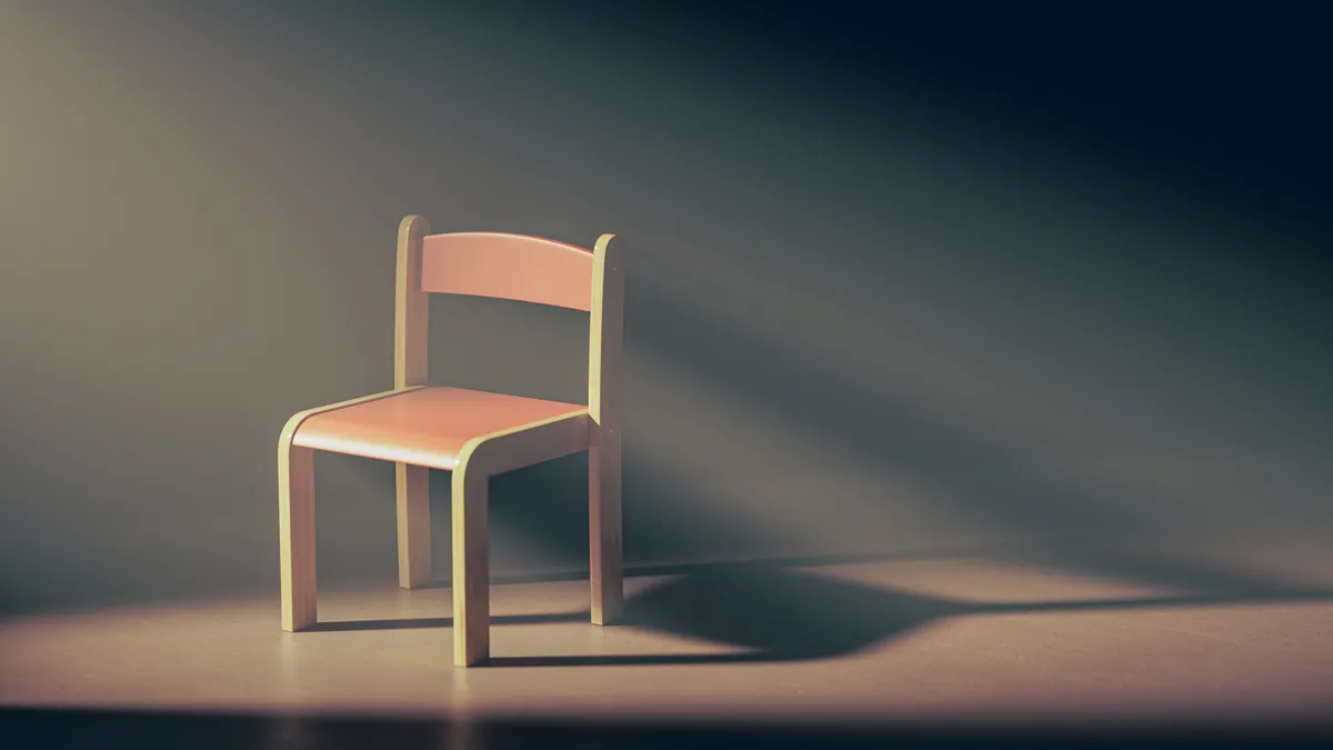 An empty chair sits in a dark room. Nothin else is in the room