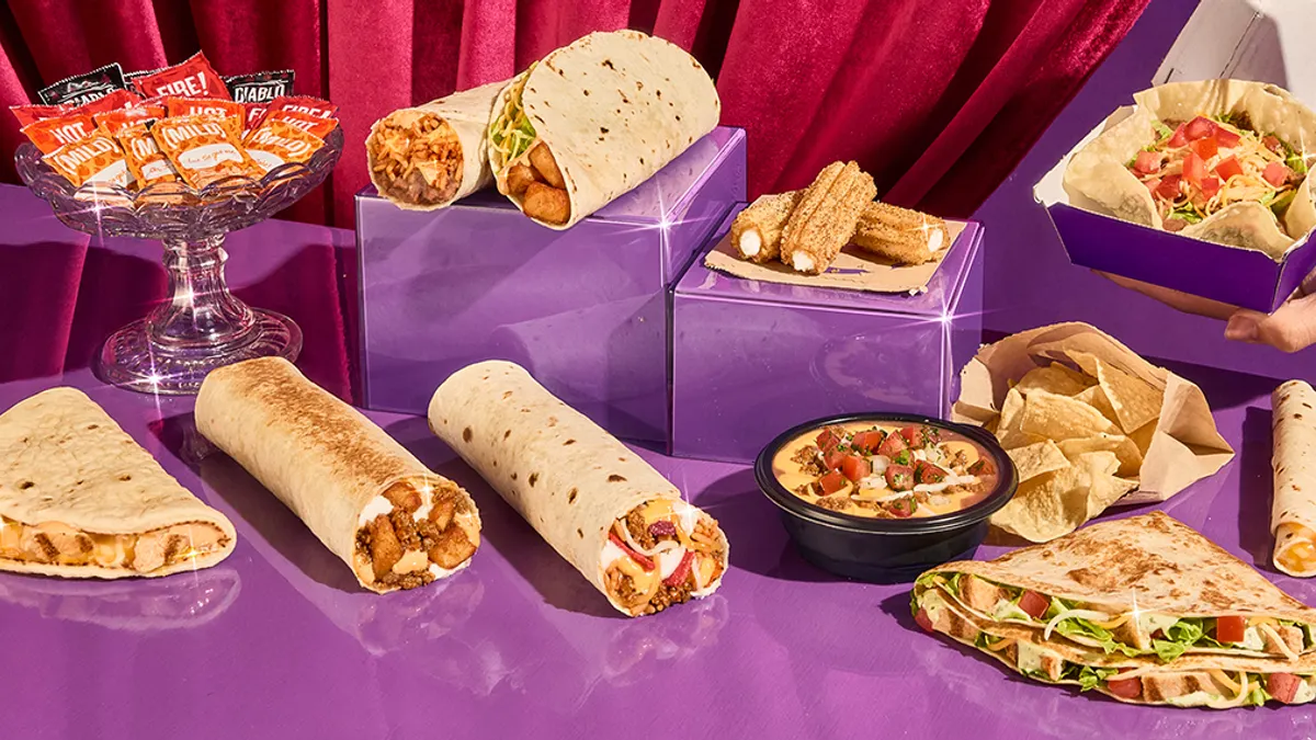 An image of various burritos and other items from Taco Bell.
