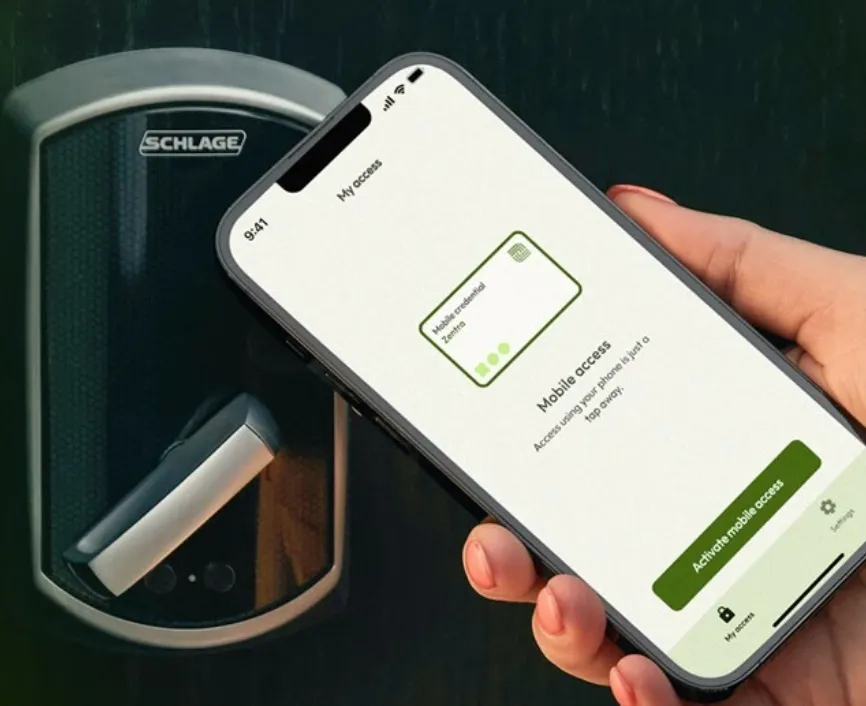 A picture of the Zentra platform on a phone next to a smart lock.