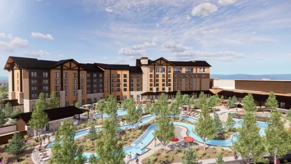 A rendering shows a resort hotel surrounded by a lazy river pool.