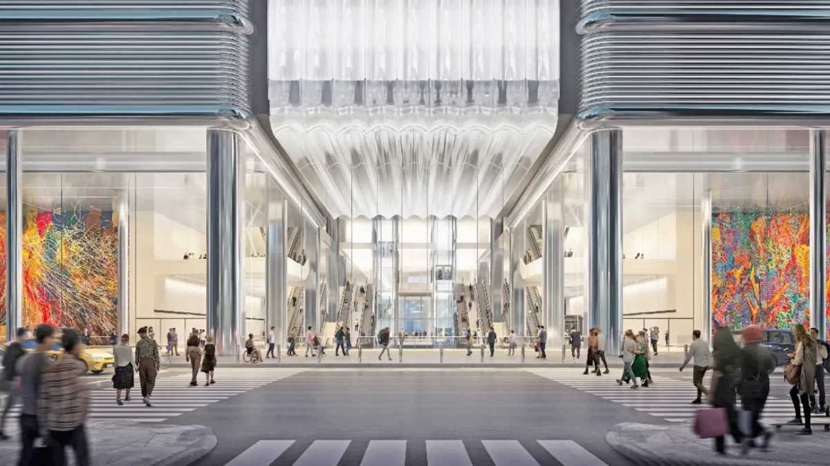 Rendering shows the glassy entrance of the new Midtown Bus Terminal.