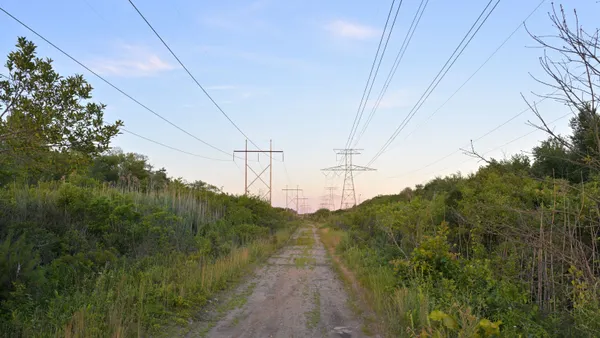 Power lines run above a road.