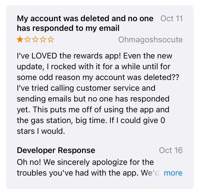 A screenshot of an App Store review of Kum & Go.