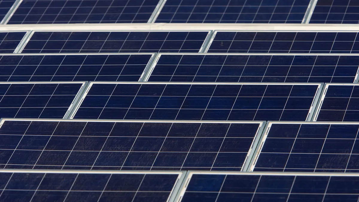 An array of blue-black solar panels with nothing else in frame.