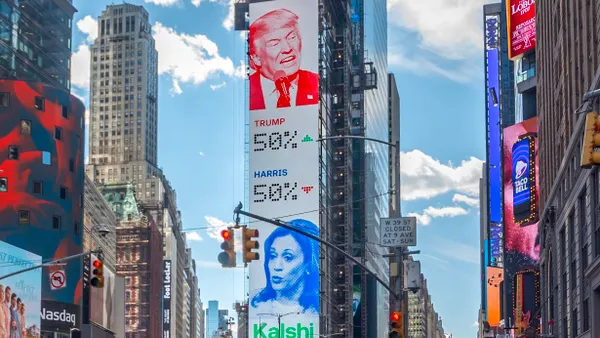 New York, USA - October 08, 2024: Live odds of Presidential Election Trump vs Harris in Times Square New York