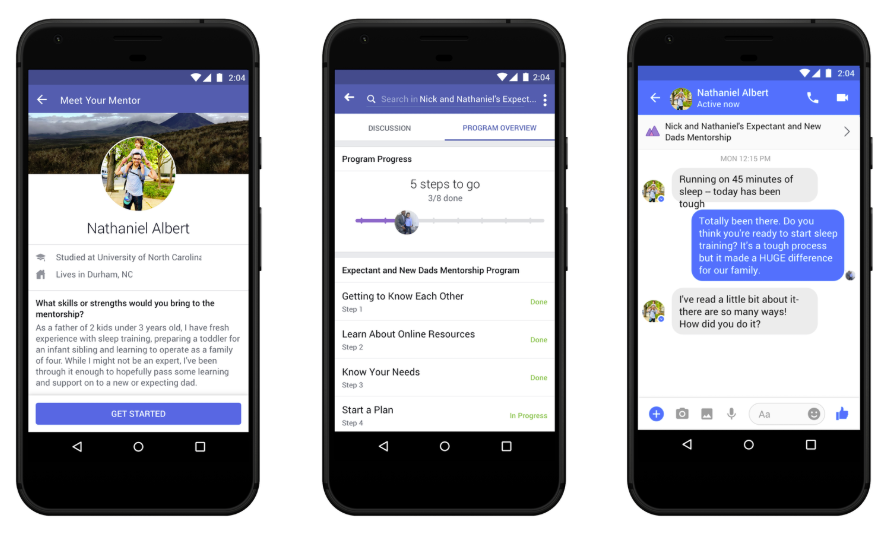 Screenshots of Facebook's group mentorship option