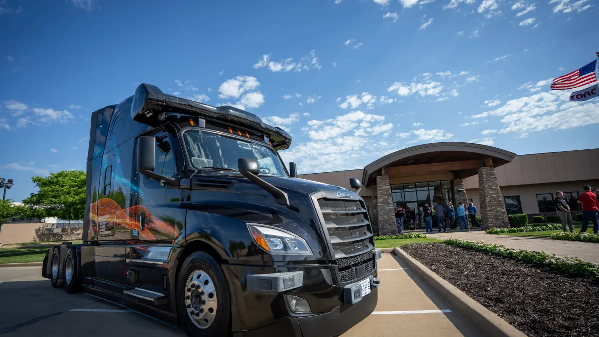 A Torc Robotics truck is parked in front of the company's Fort Worth, Texas, hub during a ribbon-cutting event on May 13, 2025.
