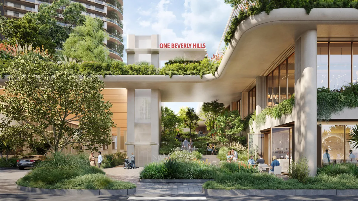 A rendering shows the entry to One Beverly Hills from Santa Monica Boulevard.