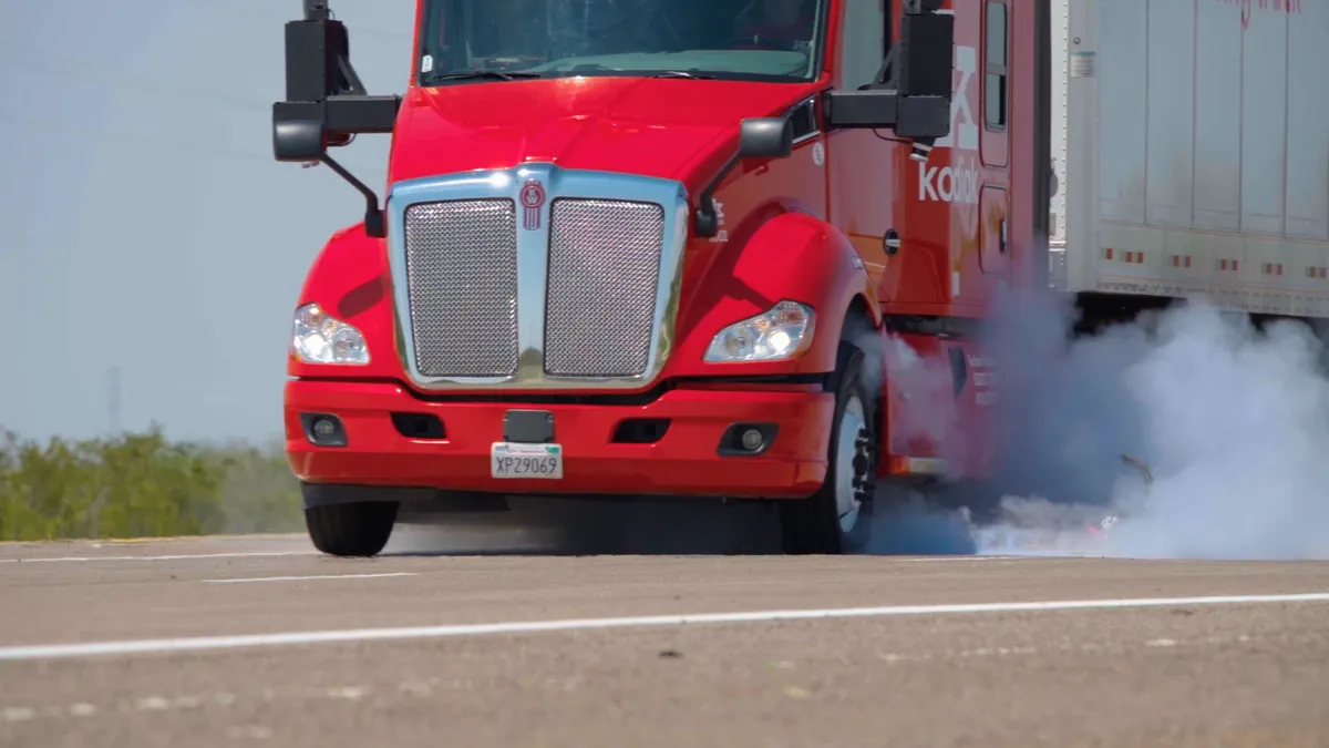 A demonstration showed a Kodiak Robotics tractor tire blowout.