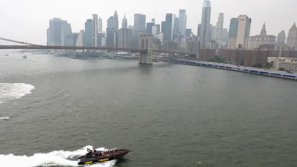 The lower Manhattan skyline is seen from the Manhattan Bridge