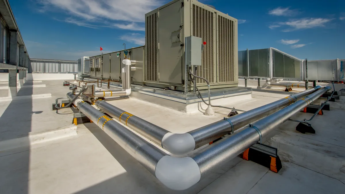 A rooftop heating, ventilation and air conditioning system for a large commercial building.