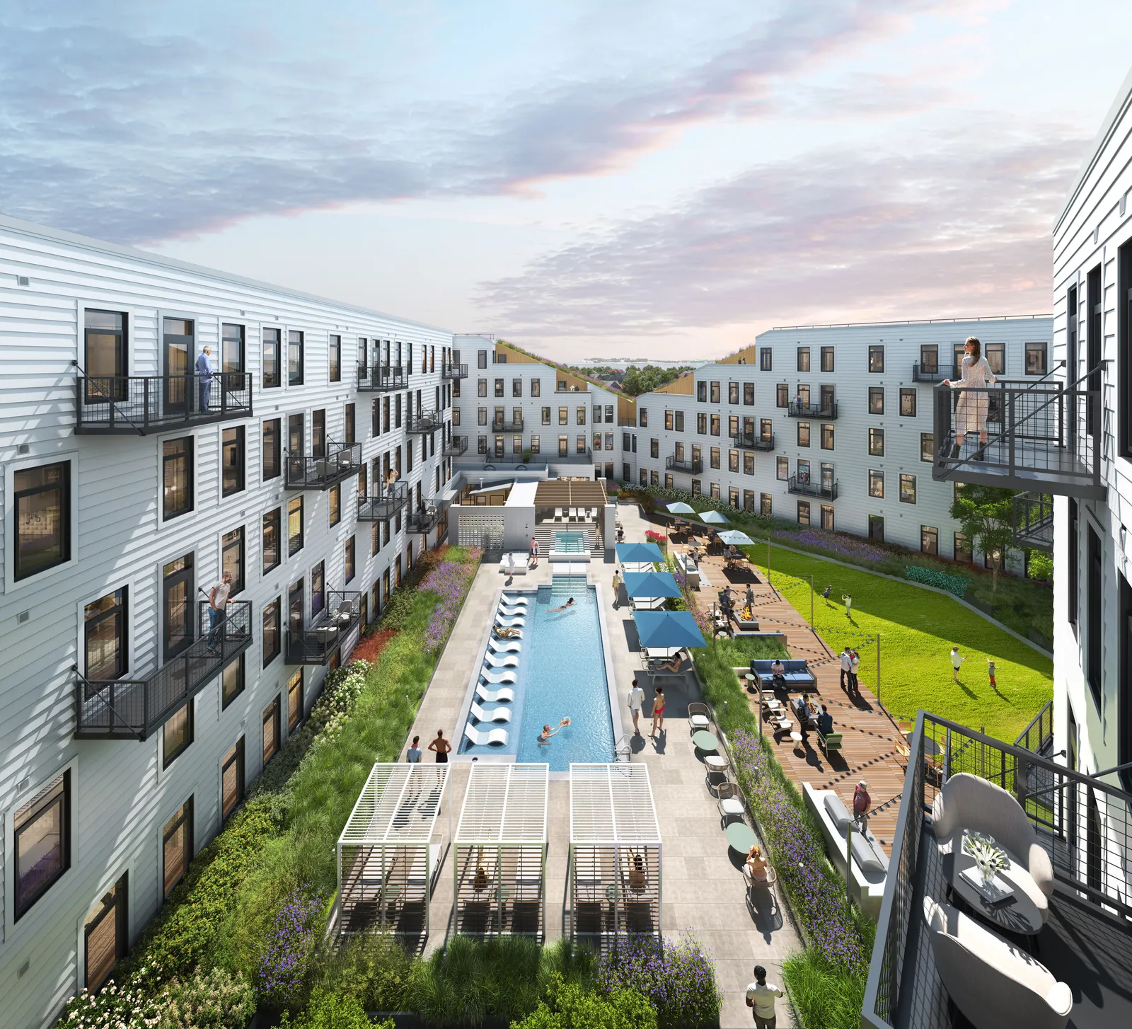 A pool in the courtyard of an apartment building.