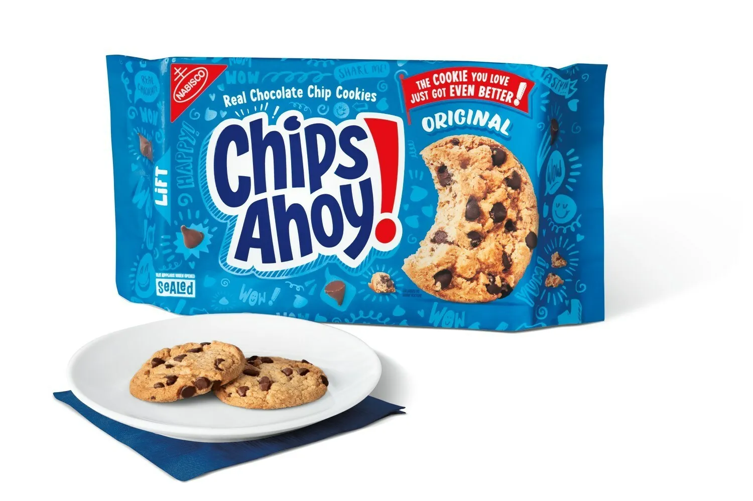 Chips Ahoy packaging against a white backaground.