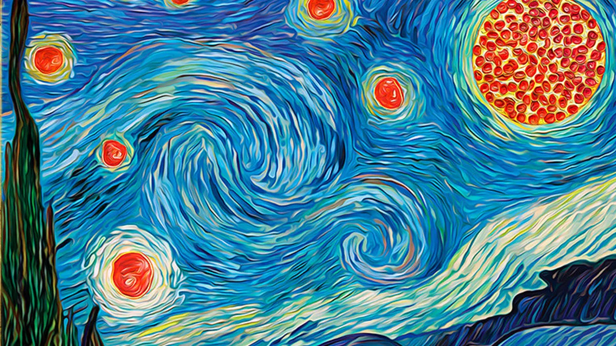 A painting in a elaborate gold frame shows a pizza-inspired spin on van Gogh's "The Starry Night," with a pepperoni pizza replacing the moon and pepperoni slices the stars.