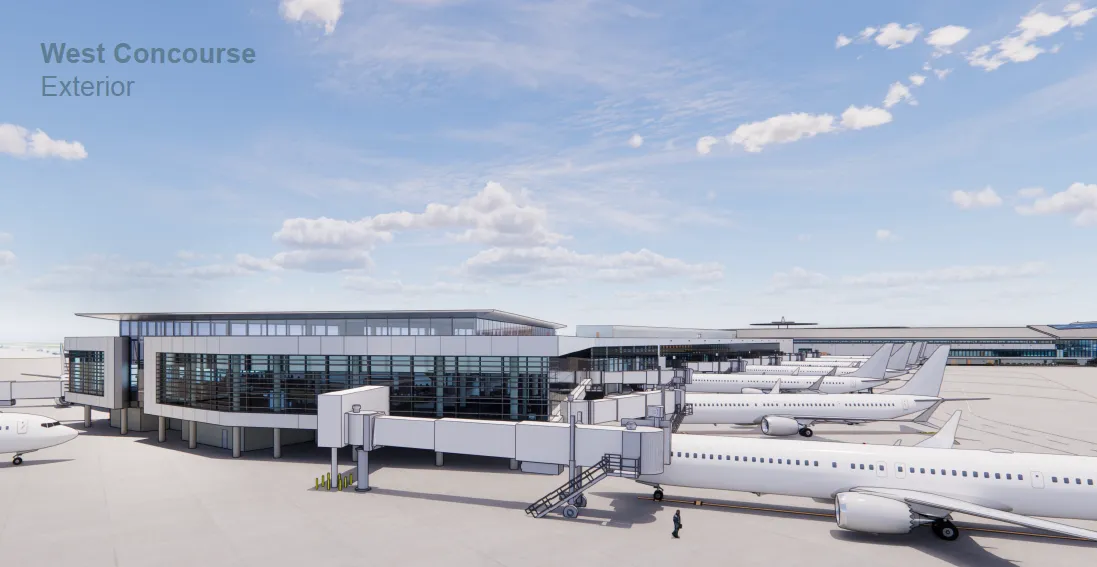 Design of a glass and white building with airplanes parked to the right.